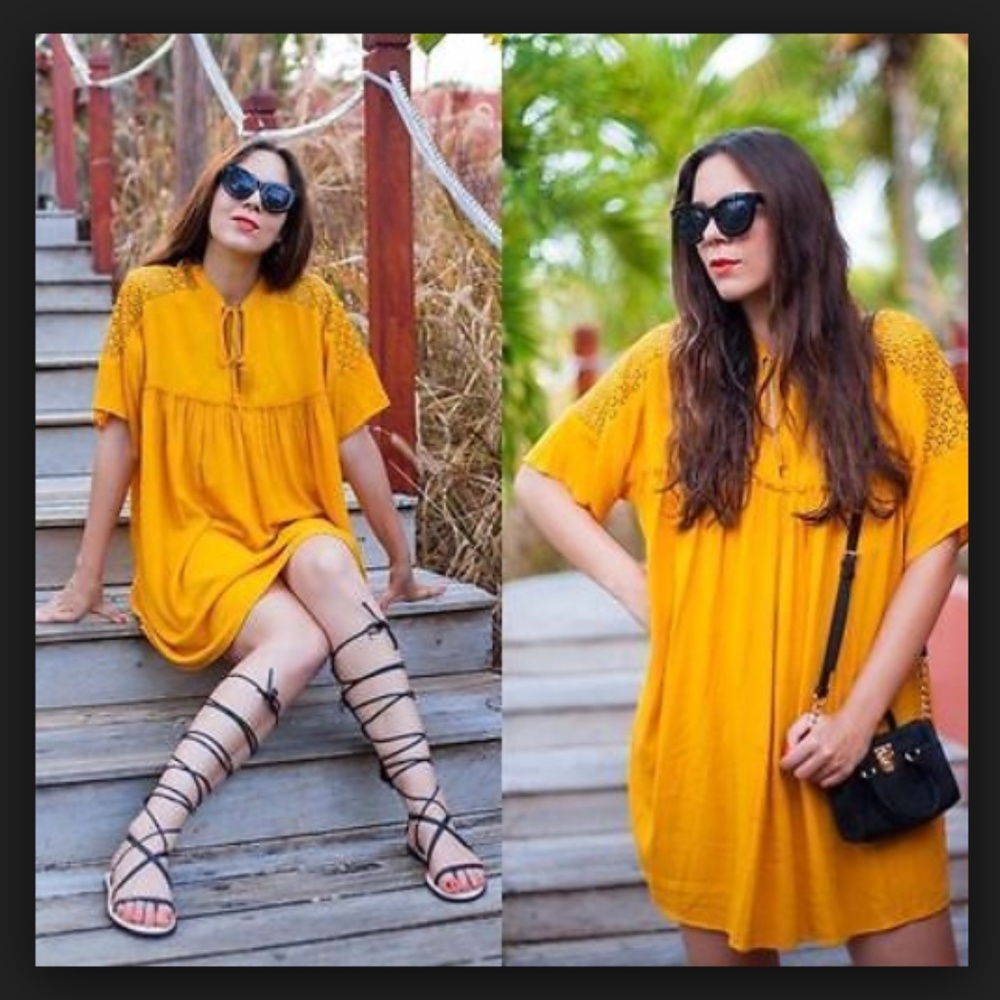 ZARA YELLOW MUSTARD BOHO PEASANT MINI DRESS EUC!